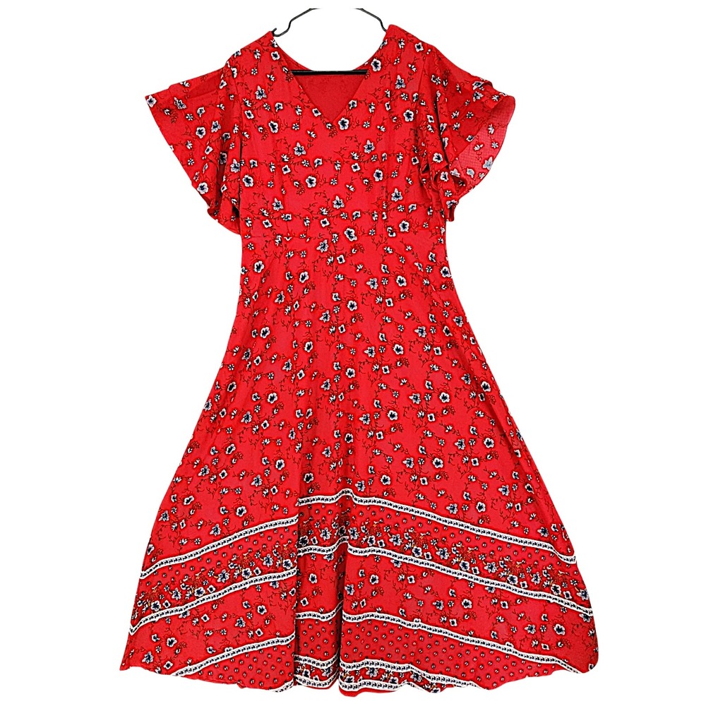 Boho Maxi Dress L Red Floral Flutter Sleeve Darkfairy Whimsical Cottagecore Chic